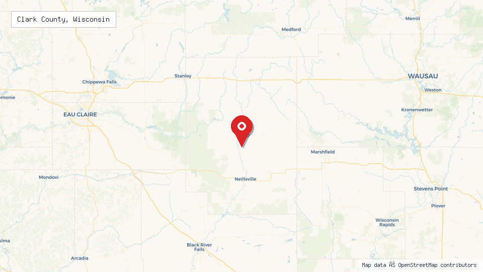 Street map of Clark County, Wisconsin with location pin