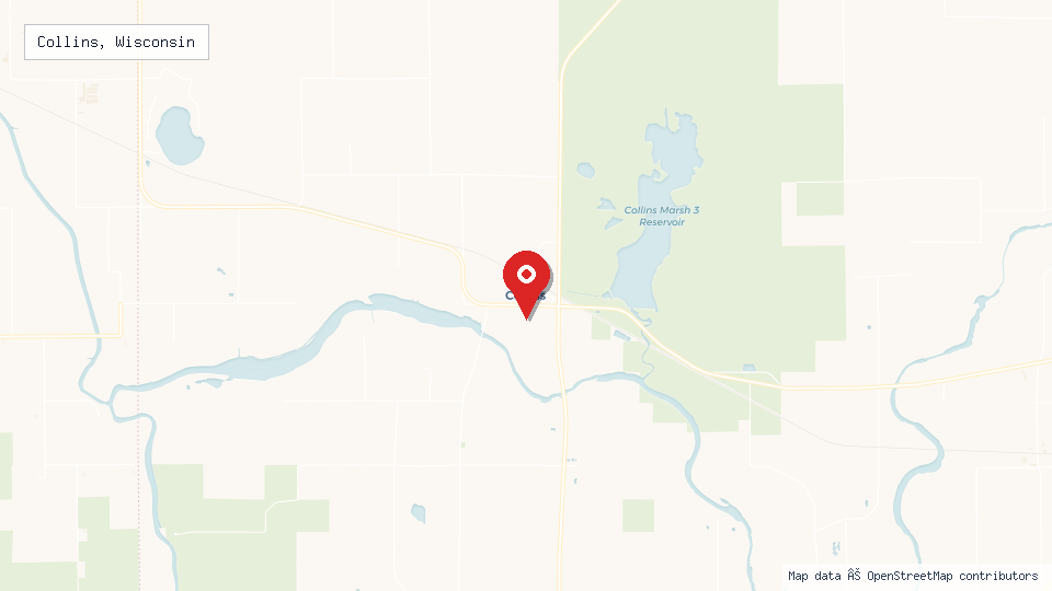 Street map of Collins, Wisconsin with location pin