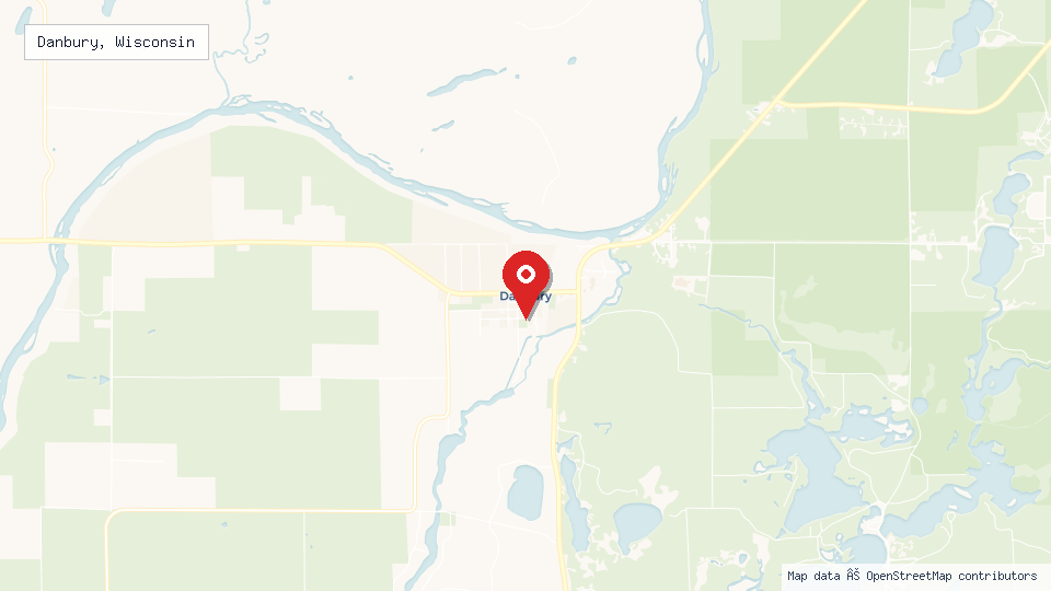 Street map of Danbury, Wisconsin with location pin