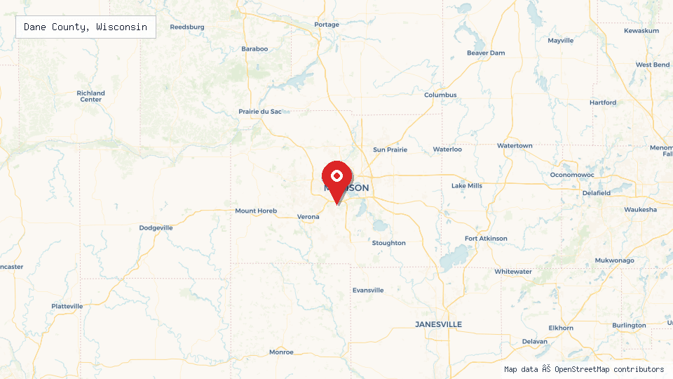 Street map of Dane County, Wisconsin with location pin