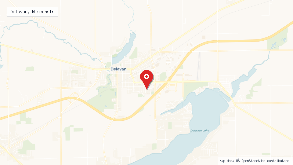 Street map of Delavan, Wisconsin with location pin