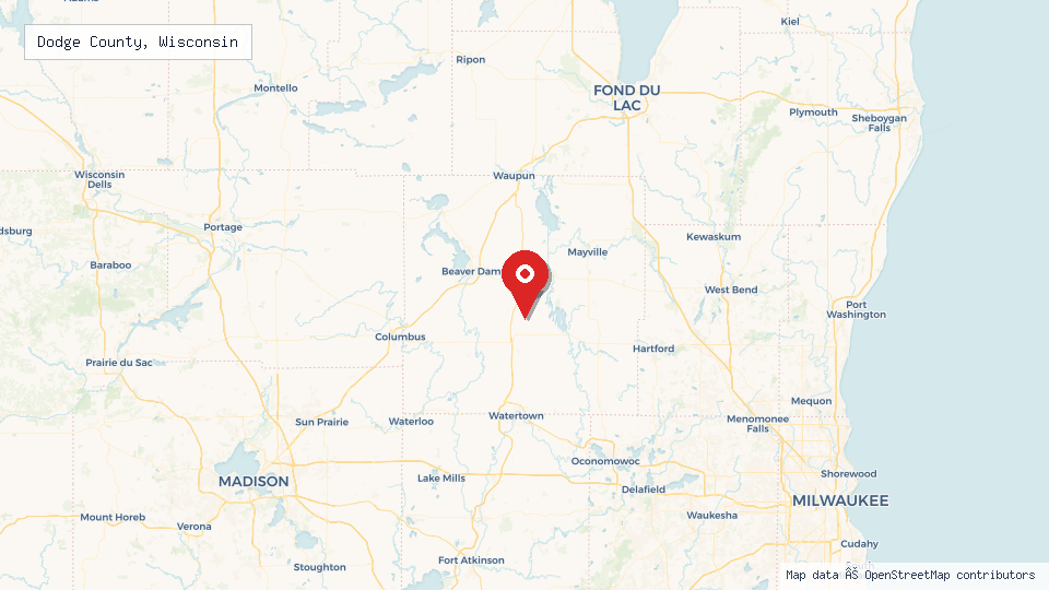 Street map of Dodge County, Wisconsin with location pin
