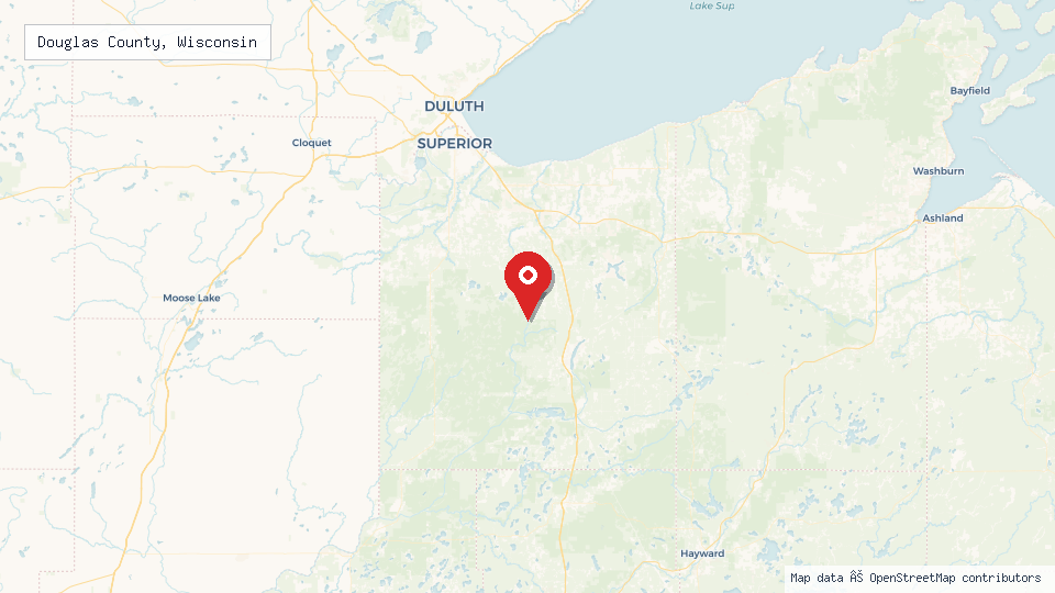 Street map of Douglas County, Wisconsin with location pin