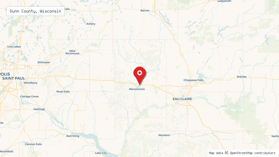 Street map of Dunn County, Wisconsin with location pin