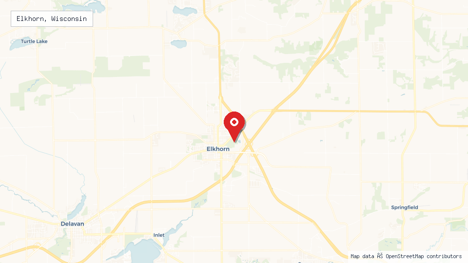 Street map of Elkhorn, Wisconsin with location pin