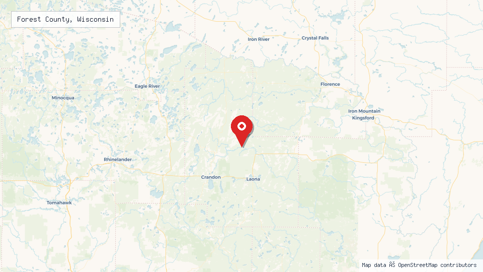 Street map of Forest County, Wisconsin with location pin