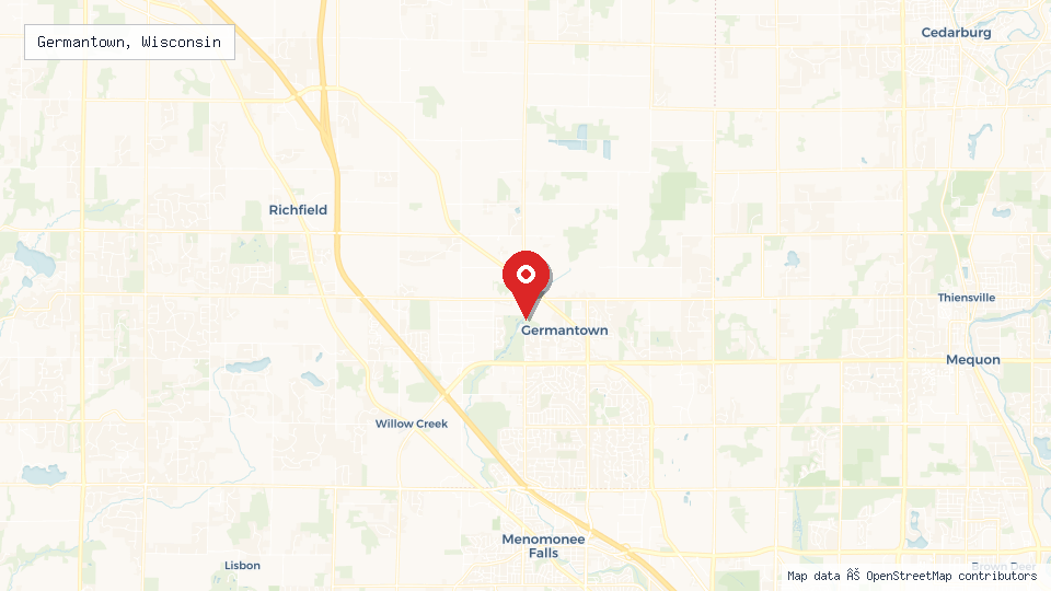 Street map of Germantown, Wisconsin with location pin