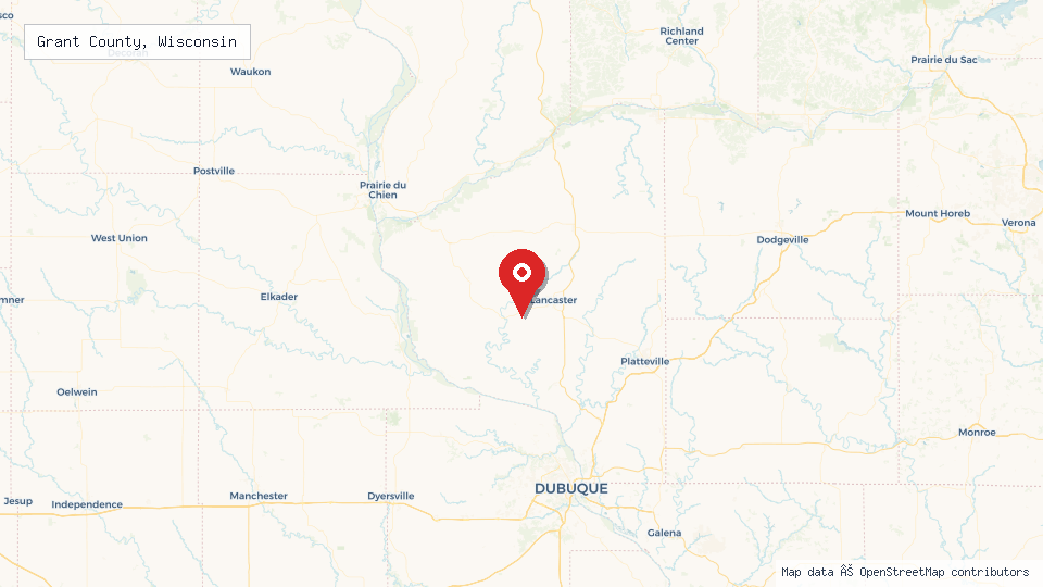 Street map of Grant County, Wisconsin with location pin