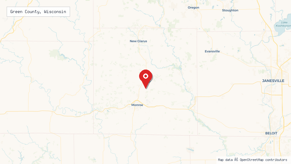 Street map of Green County, Wisconsin with location pin
