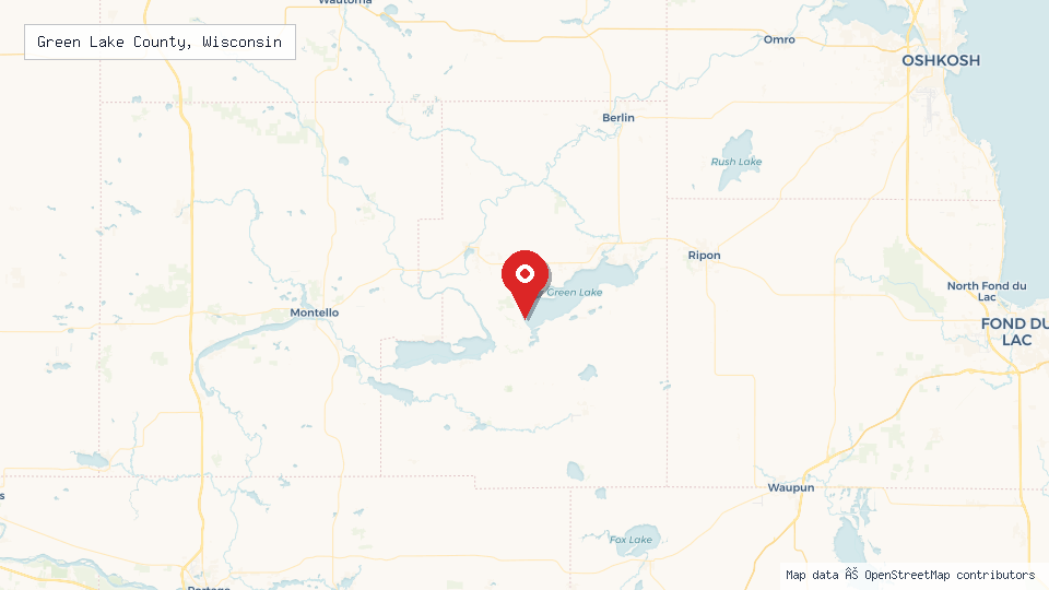 Street map of Green Lake County, Wisconsin with location pin