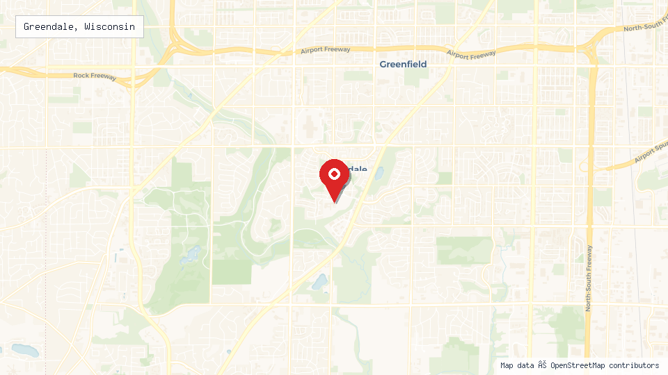 Street map of Greendale, Wisconsin with location pin
