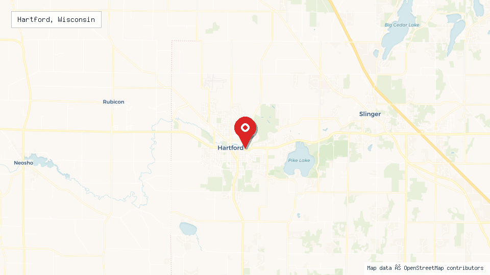 Street map of Hartford, Wisconsin with location pin