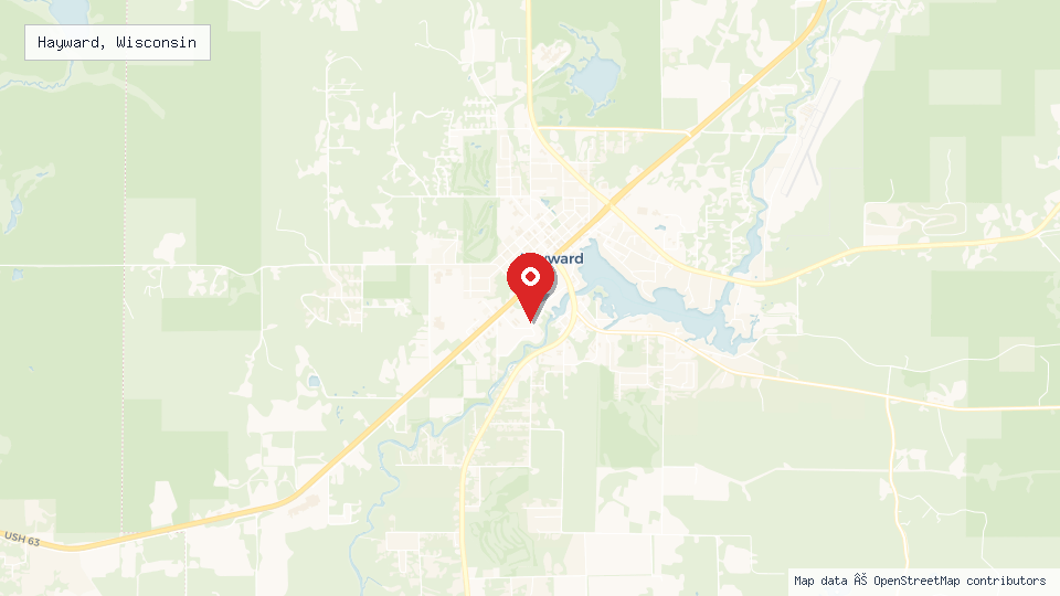 Street map of Hayward, Wisconsin with location pin