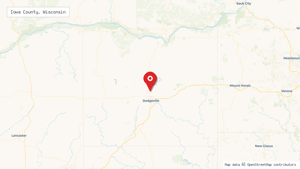 Street map of Iowa County, Wisconsin with location pin