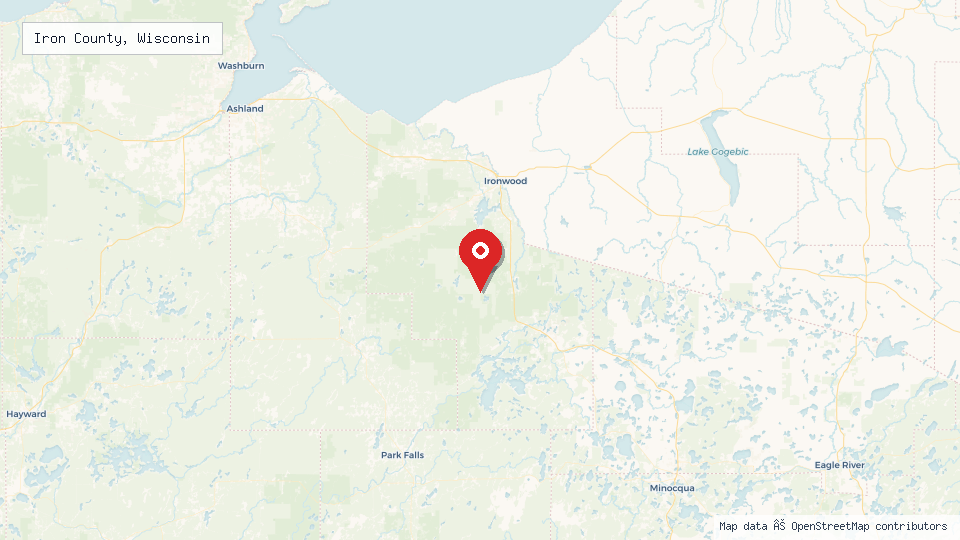 Street map of Iron County, Wisconsin with location pin
