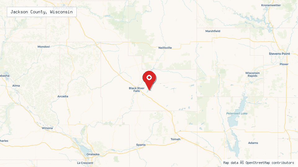 Street map of Jackson County, Wisconsin with location pin