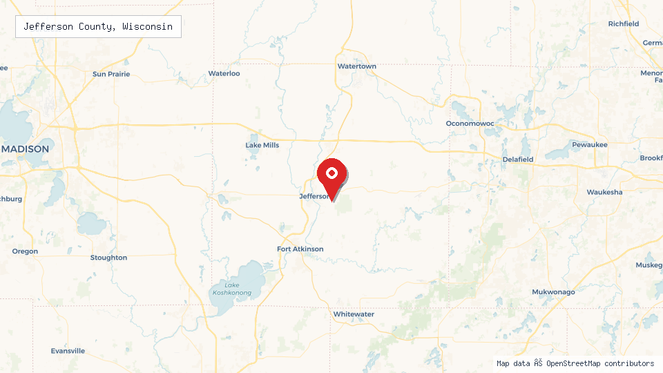 Street map of Jefferson County, Wisconsin with location pin