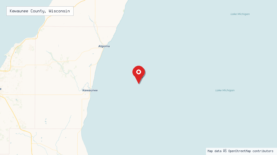 Street map of Kewaunee County, Wisconsin with location pin