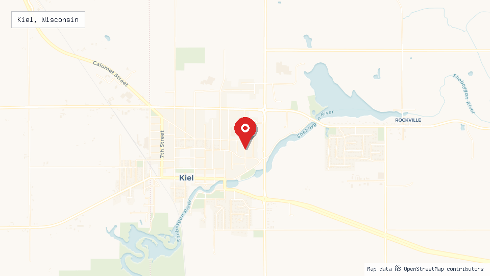 Street map of Kiel, Wisconsin with location pin