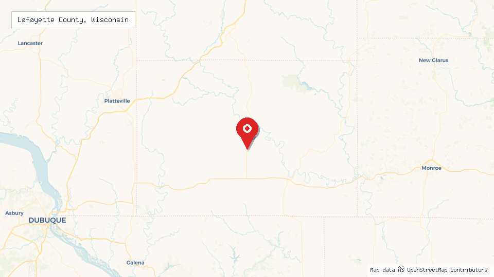 Street map of Lafayette County, Wisconsin with location pin