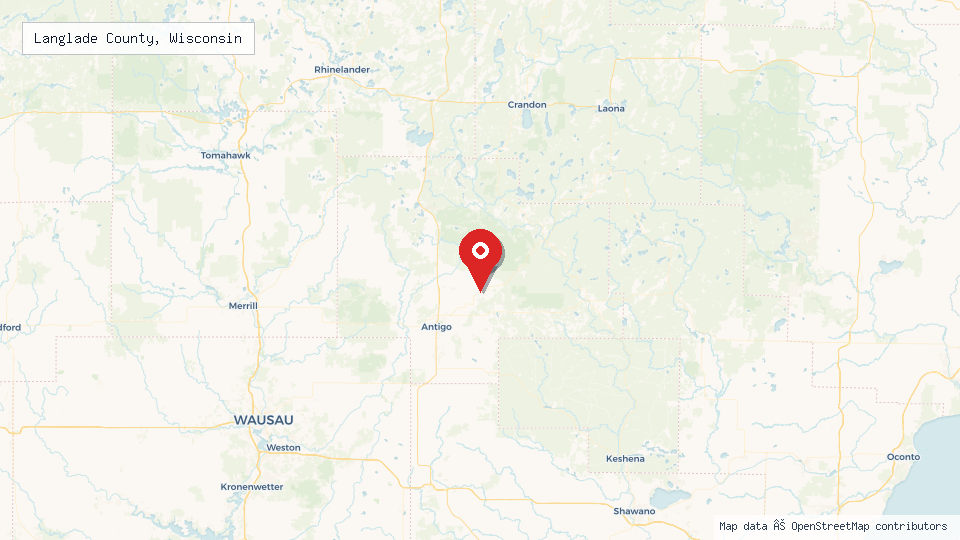 Street map of Langlade County, Wisconsin with location pin