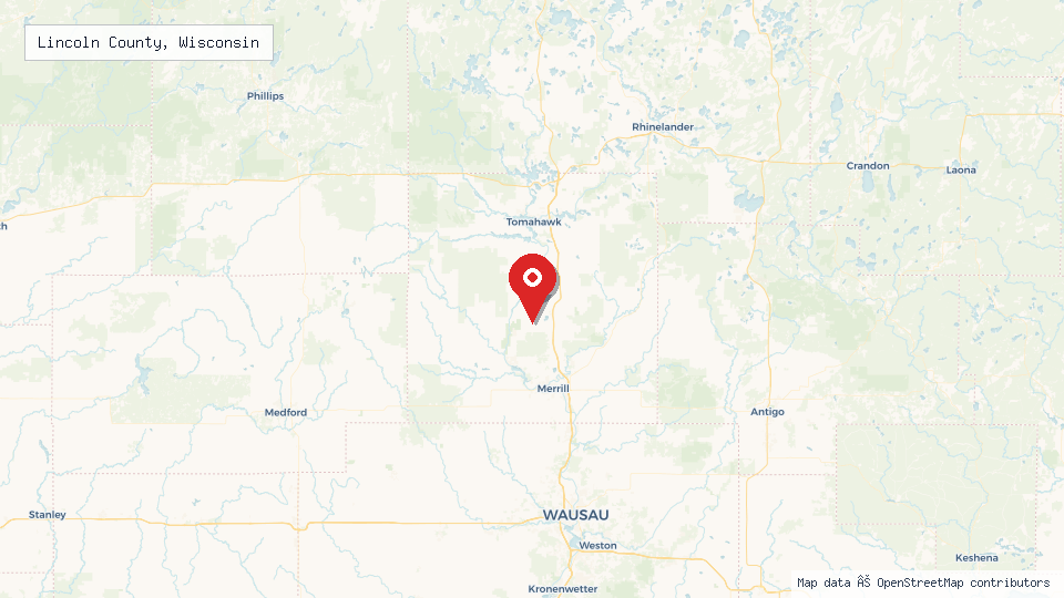 Street map of Lincoln County, Wisconsin with location pin