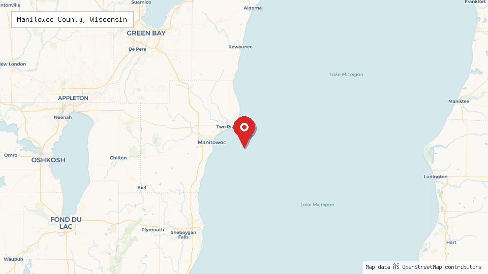 Street map of Manitowoc County, Wisconsin with location pin