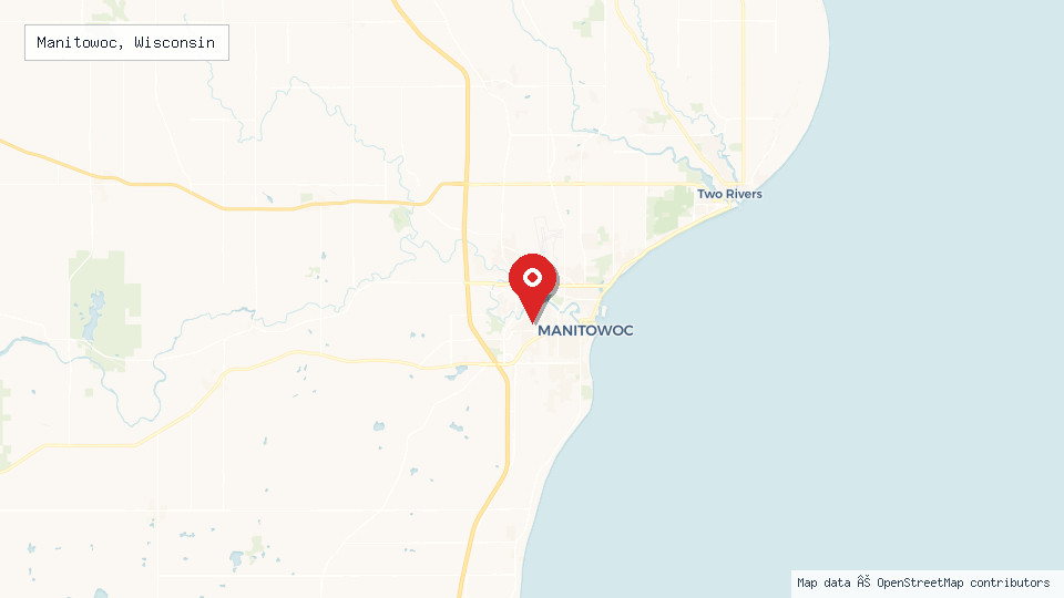 Street map of Manitowoc, Wisconsin with location pin