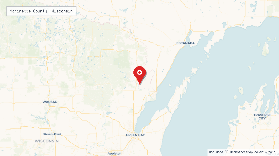 Street map of Marinette County, Wisconsin with location pin