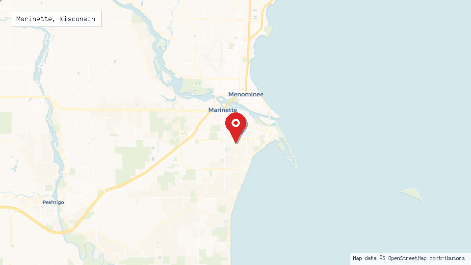 Street map of Marinette, Wisconsin with location pin