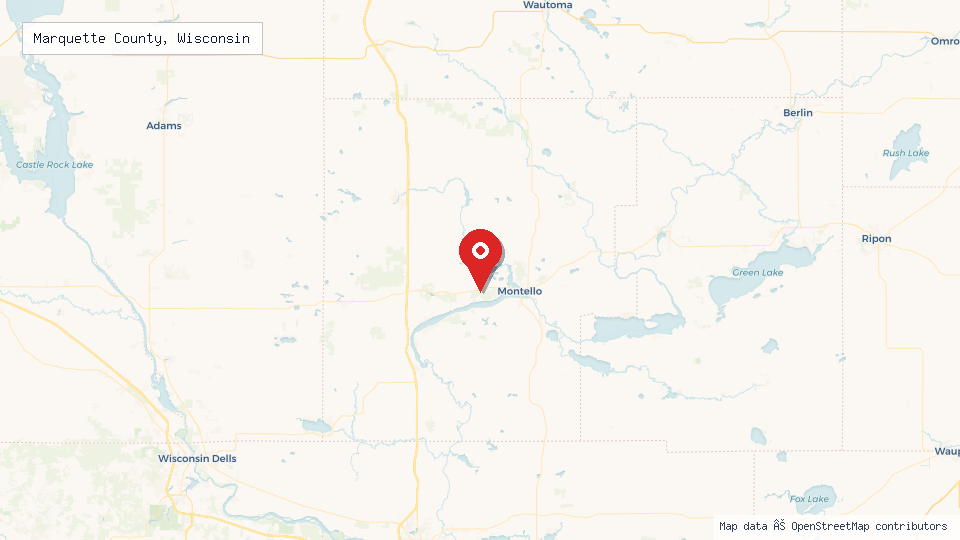 Street map of Marquette County, Wisconsin with location pin