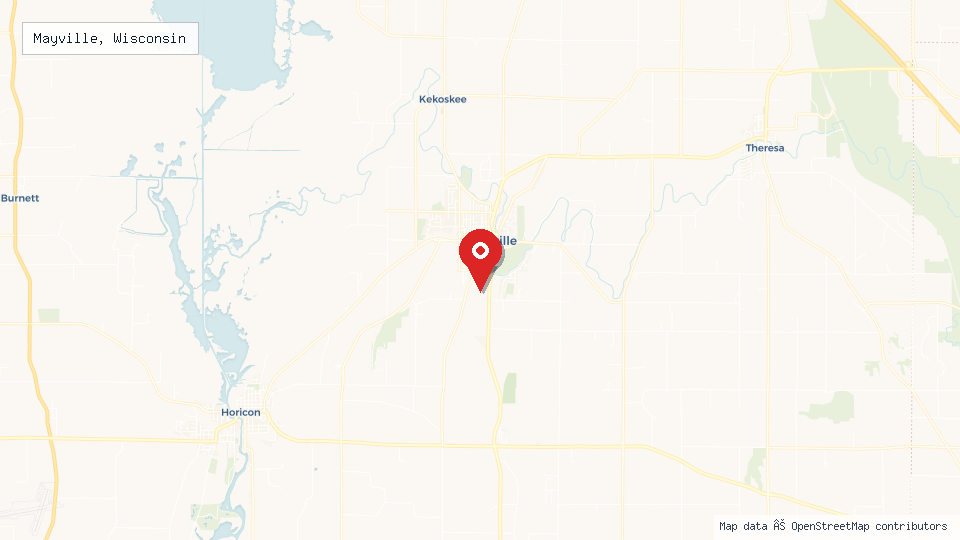 Street map of Mayville, Wisconsin with location pin
