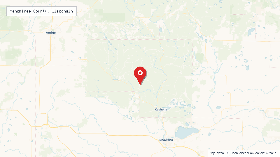 Street map of Menominee County, Wisconsin with location pin