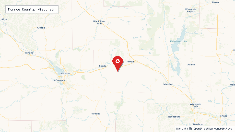 Street map of Monroe County, Wisconsin with location pin