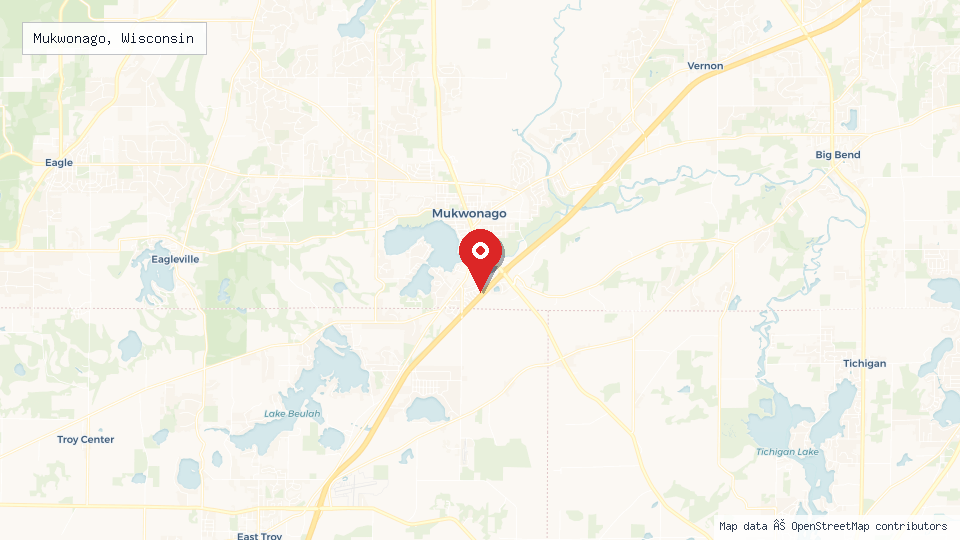 Street map of Mukwonago, Wisconsin with location pin