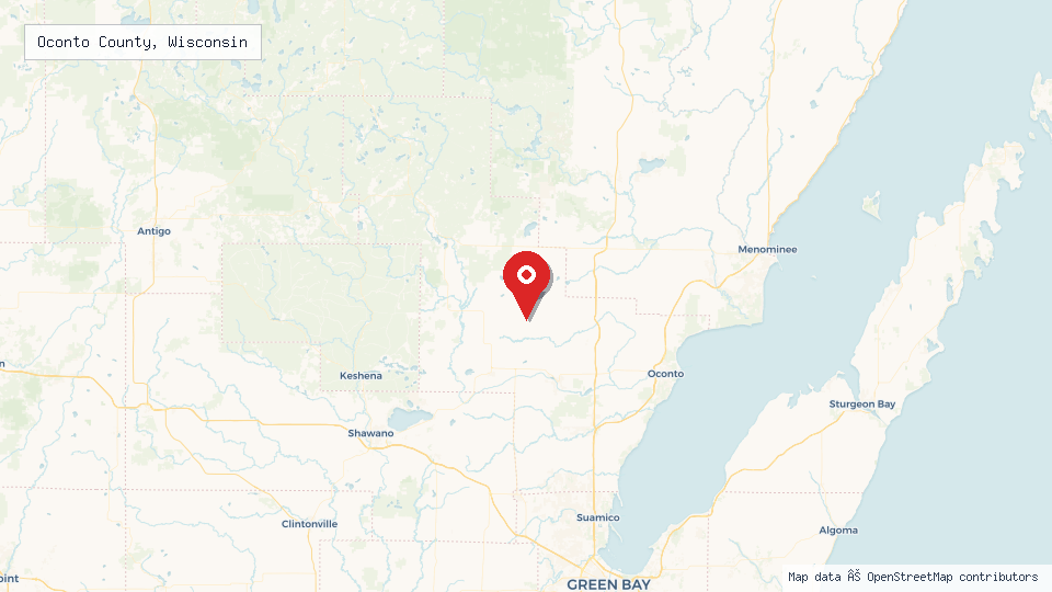 Street map of Oconto County, Wisconsin with location pin