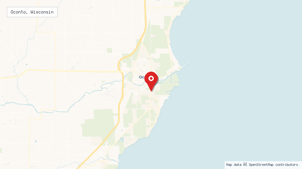 Street map of Oconto, Wisconsin with location pin