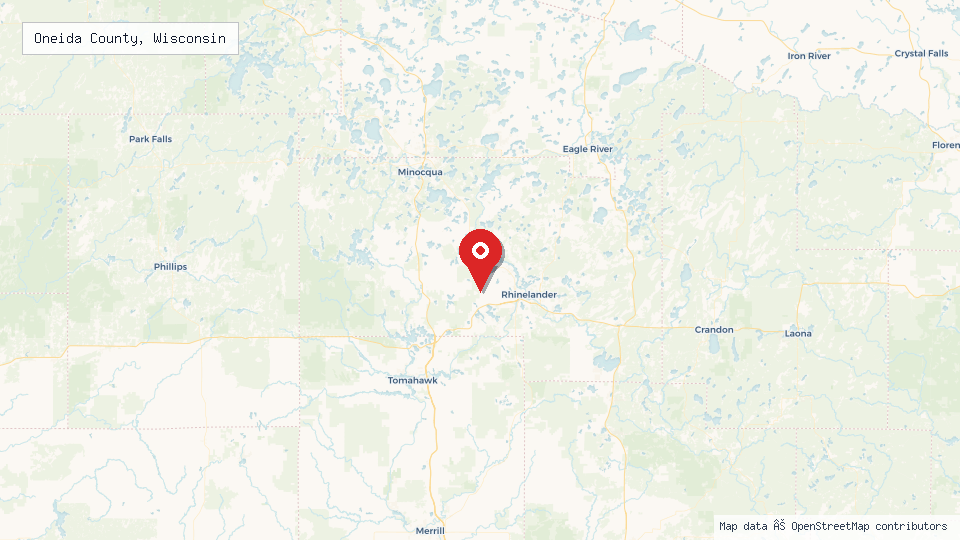 Street map of Oneida County, Wisconsin with location pin
