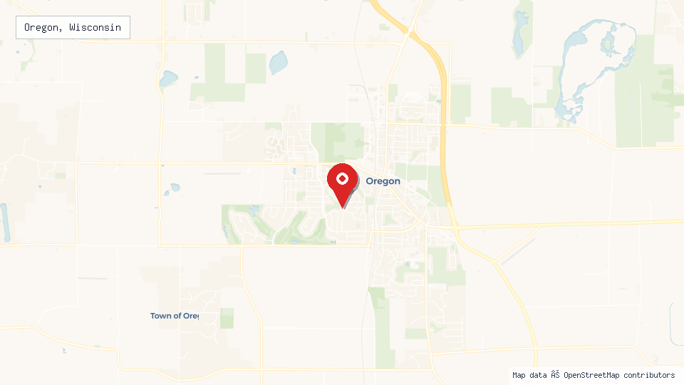 Street map of Oregon, Wisconsin with location pin