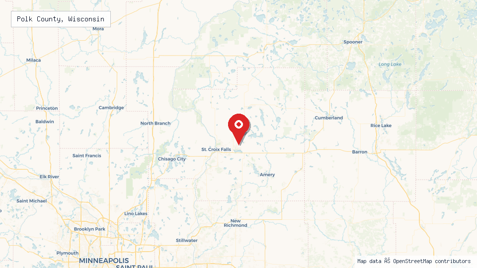 Street map of Polk County, Wisconsin with location pin