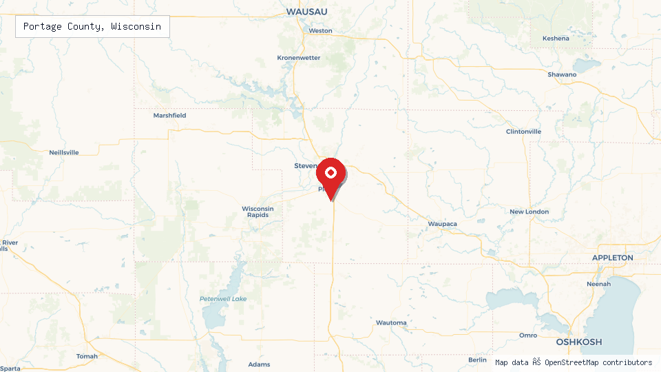 Street map of Portage County, Wisconsin with location pin