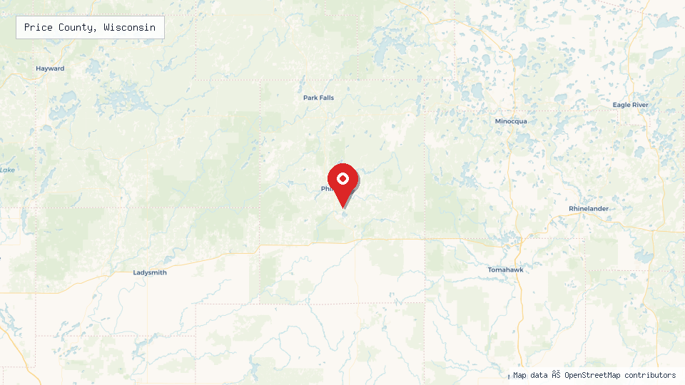 Street map of Price County, Wisconsin with location pin