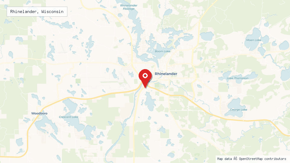 Street map of Rhinelander, Wisconsin with location pin