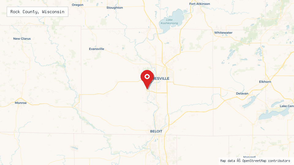 Street map of Rock County, Wisconsin with location pin