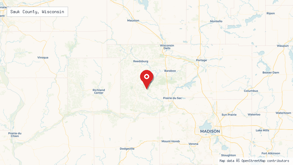 Street map of Sauk County, Wisconsin with location pin