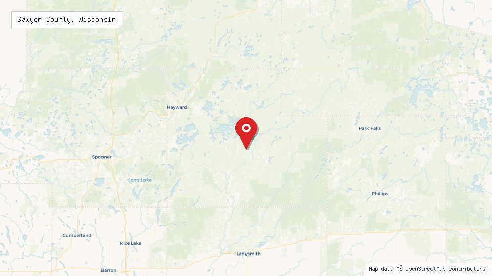 Street map of Sawyer County, Wisconsin with location pin