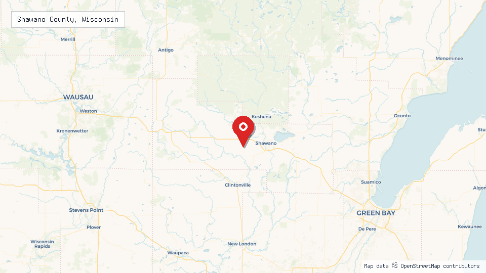 Street map of Shawano County, Wisconsin with location pin