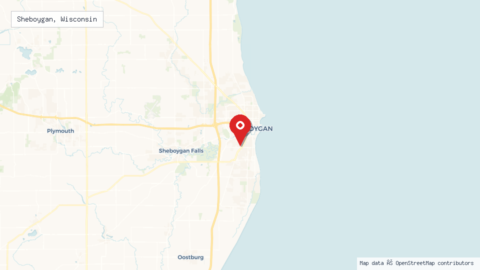 Street map of Sheboygan, Wisconsin with location pin