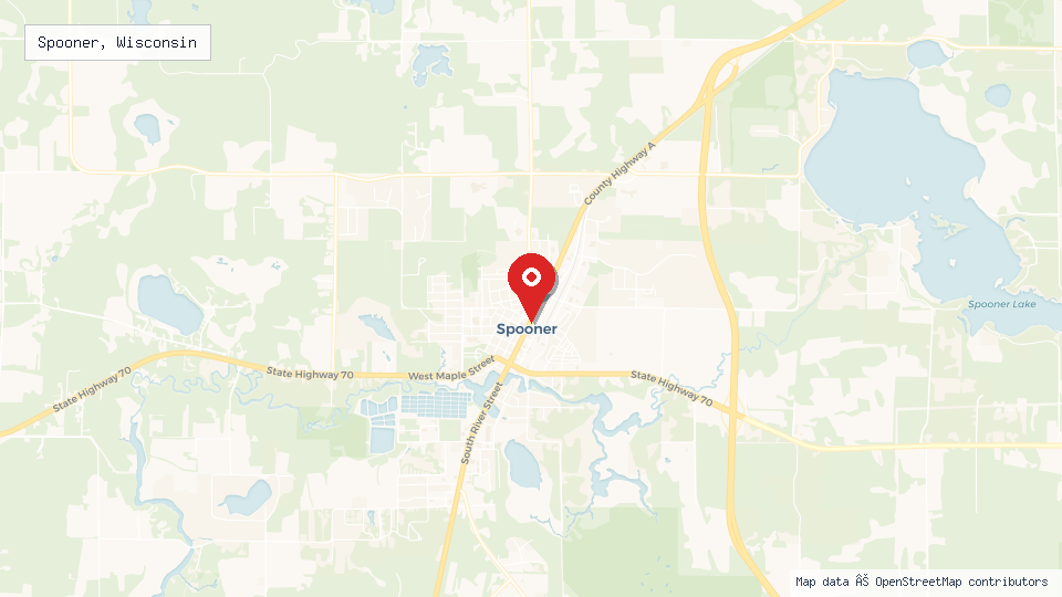 Street map of Spooner, Wisconsin with location pin