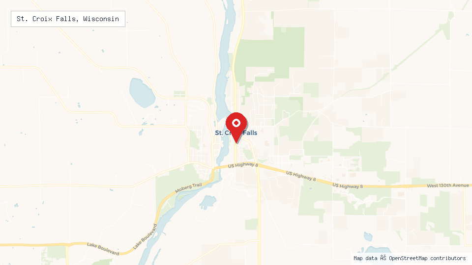 Street map of St. Croix Falls, Wisconsin with location pin